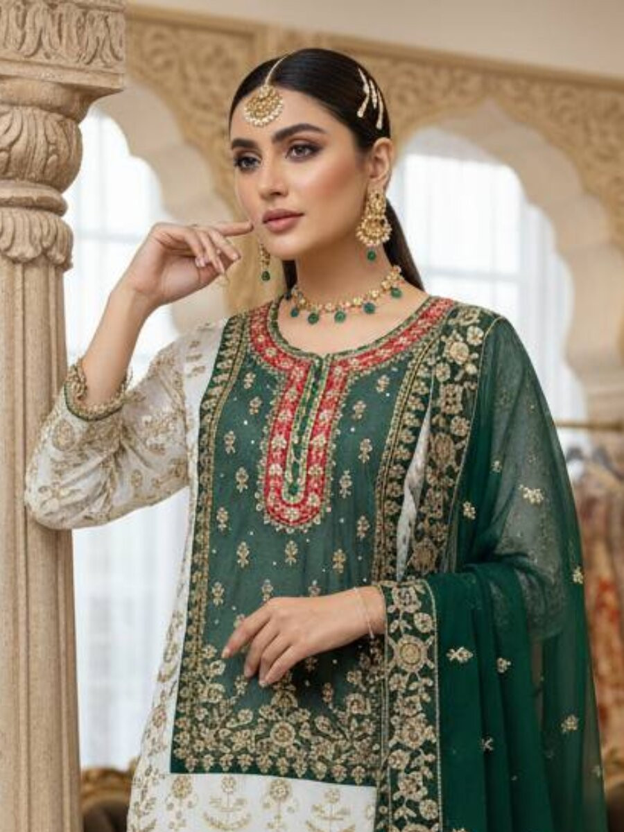 White And Green Faux Georgette Embroidery Zari Sequins Wedding Party Festival Casual Sharara Pant Salwar Kameez