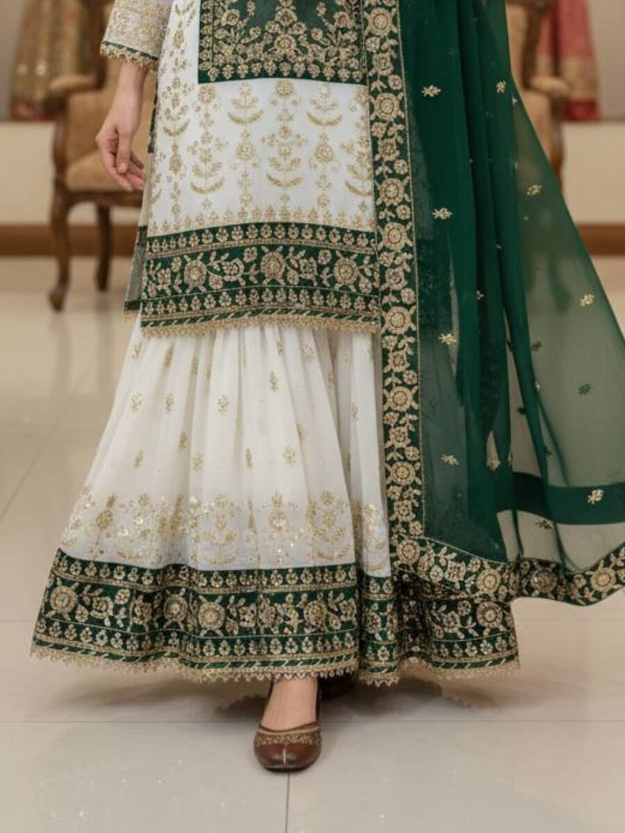White And Green Faux Georgette Embroidery Zari Sequins Wedding Party Festival Casual Sharara Pant Salwar Kameez