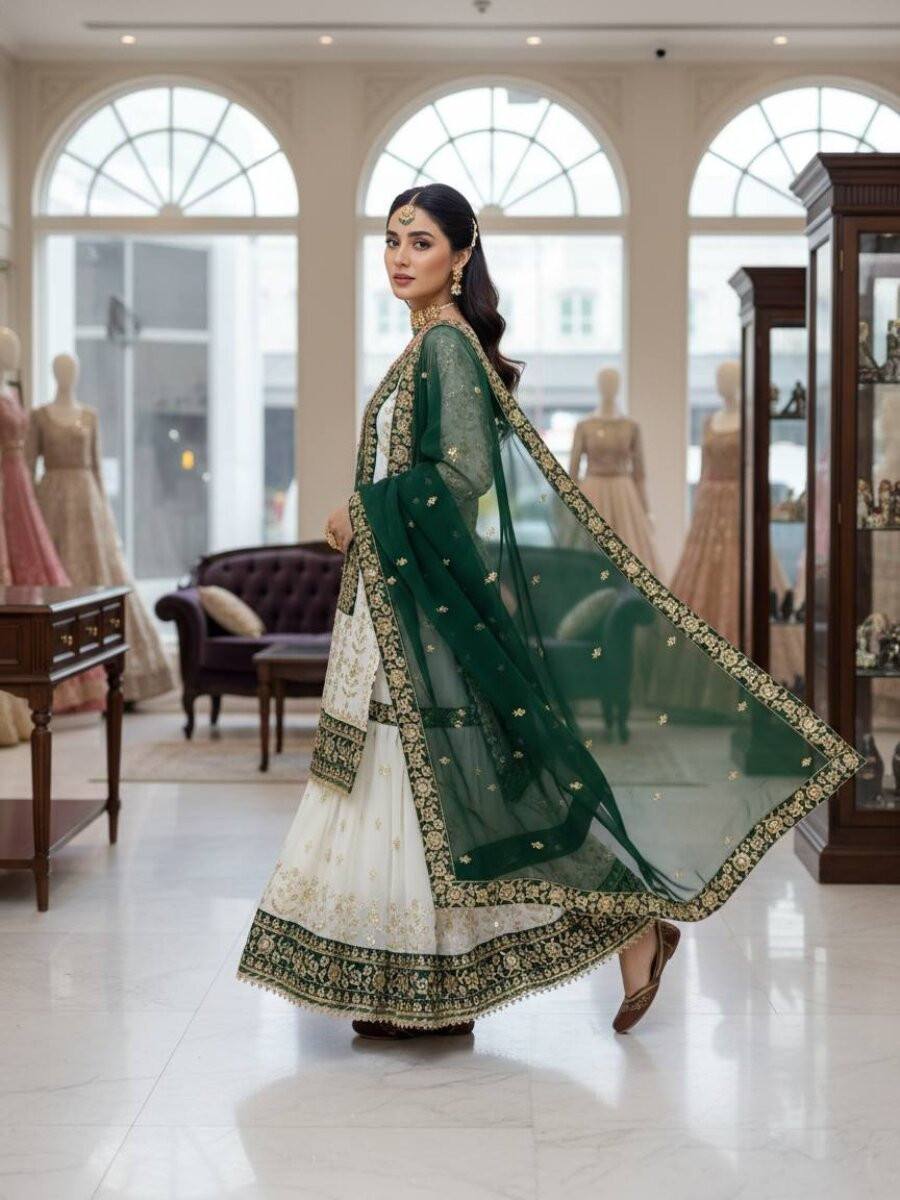 White And Green Faux Georgette Embroidery Zari Sequins Wedding Party Festival Casual Sharara Pant Salwar Kameez