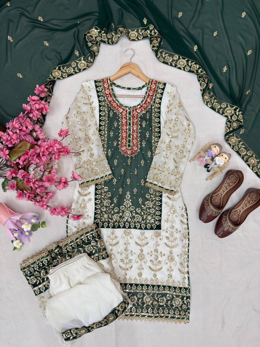 White And Green Faux Georgette Embroidery Zari Sequins Wedding Party Festival Casual Sharara Pant Salwar Kameez