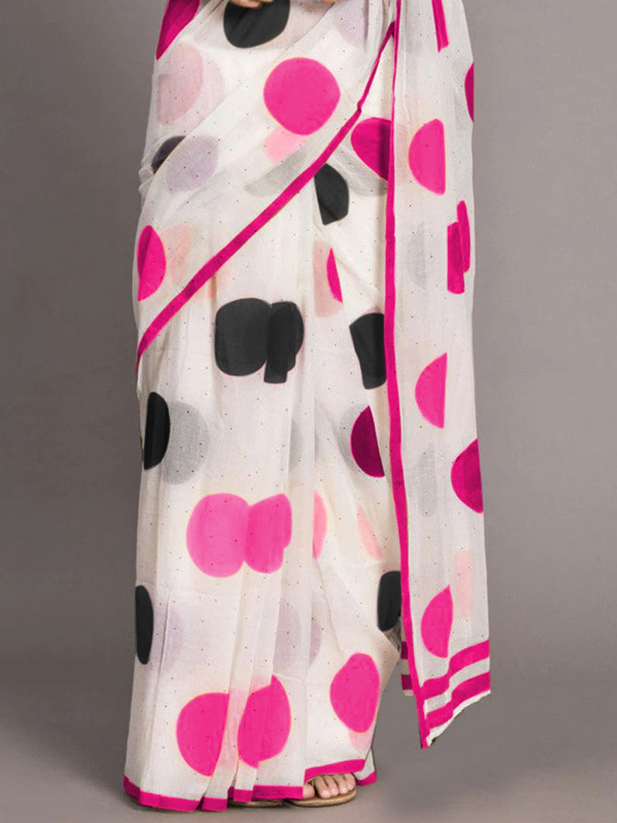 White and Magenta Pink Chenderi and Linen Casual Printed Saree