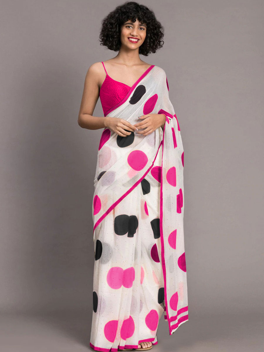 White and Magenta Pink Chenderi and Linen Casual Printed Saree