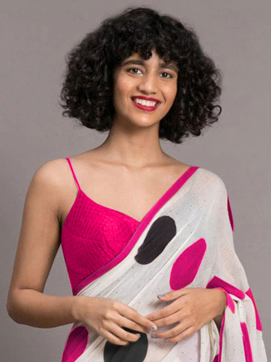 White and Magenta Pink Chenderi and Linen Casual Printed Saree