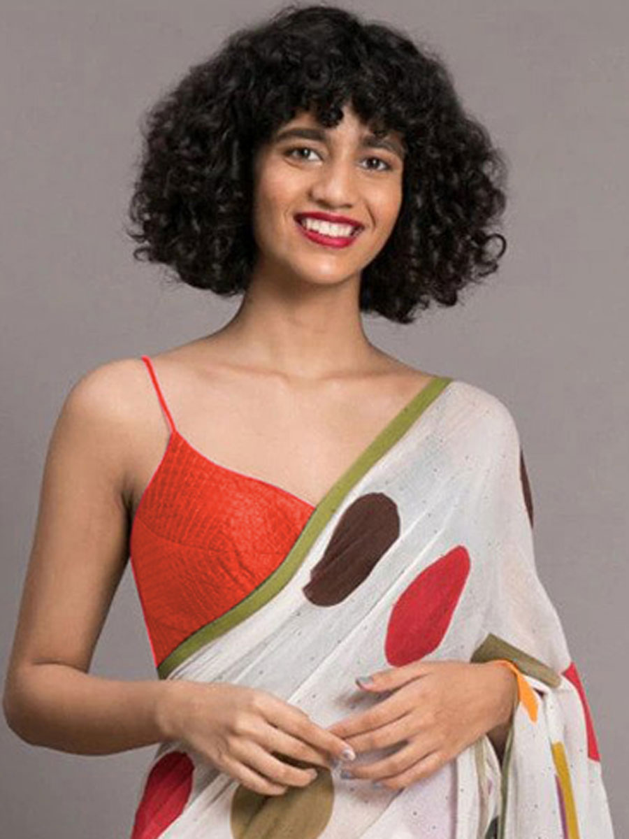 White and Orange Chenderi and Linen Casual Printed Saree