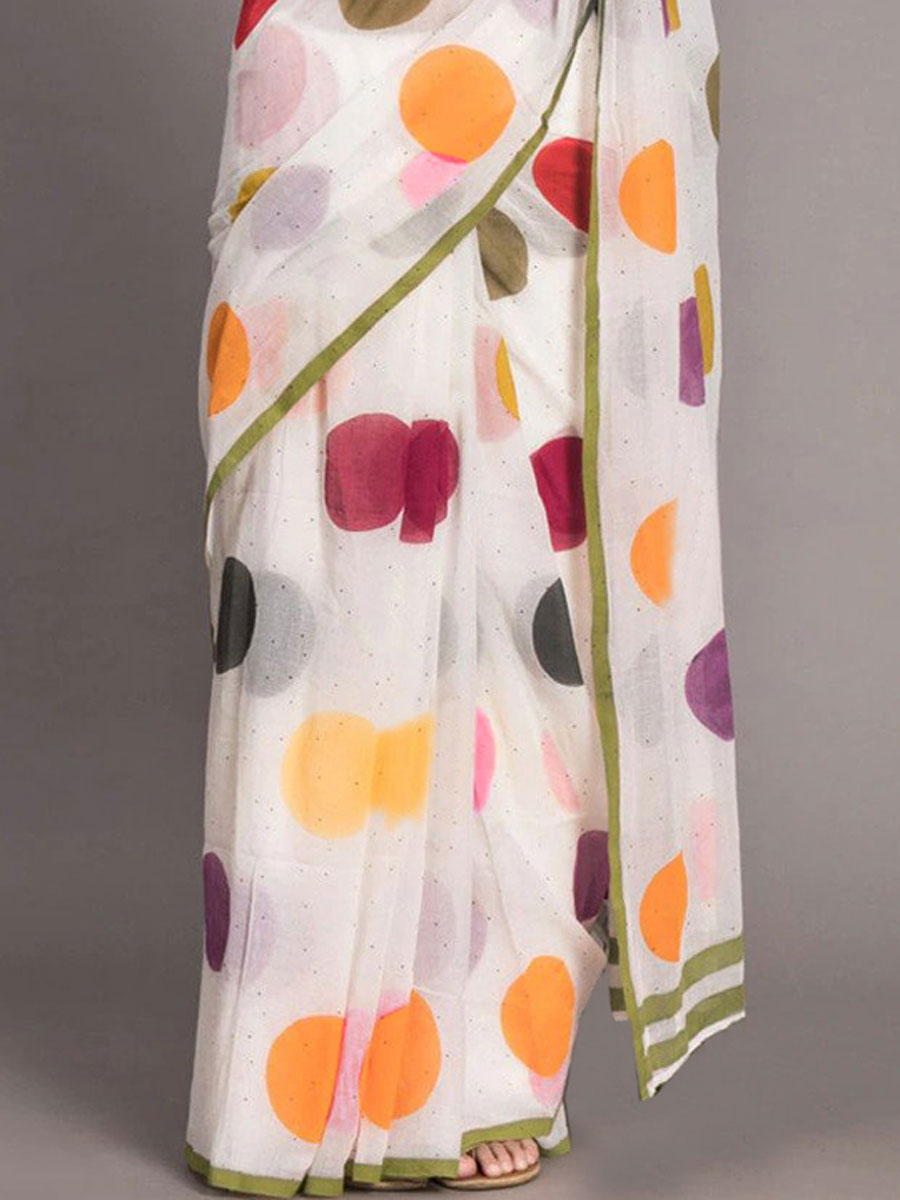 White and Orange Chenderi and Linen Casual Printed Saree