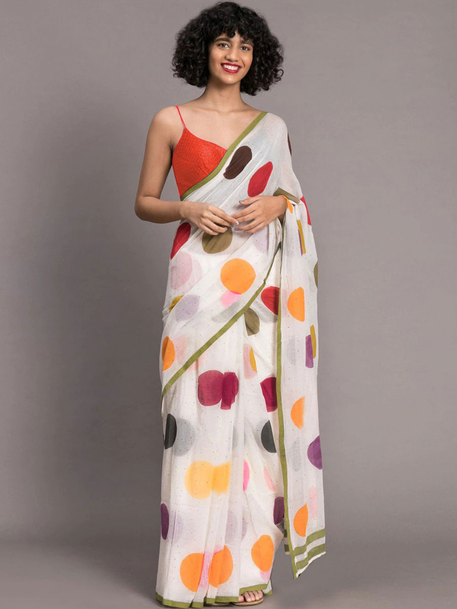 White and Orange Chenderi and Linen Casual Printed Saree