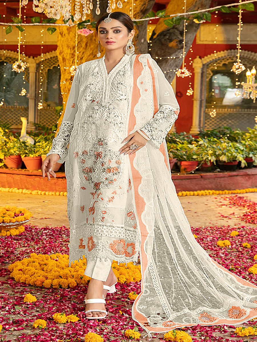 White And Orange Chiffon Embroidery Zari Wedding Party Festival Casual Pant Salwar Kameez