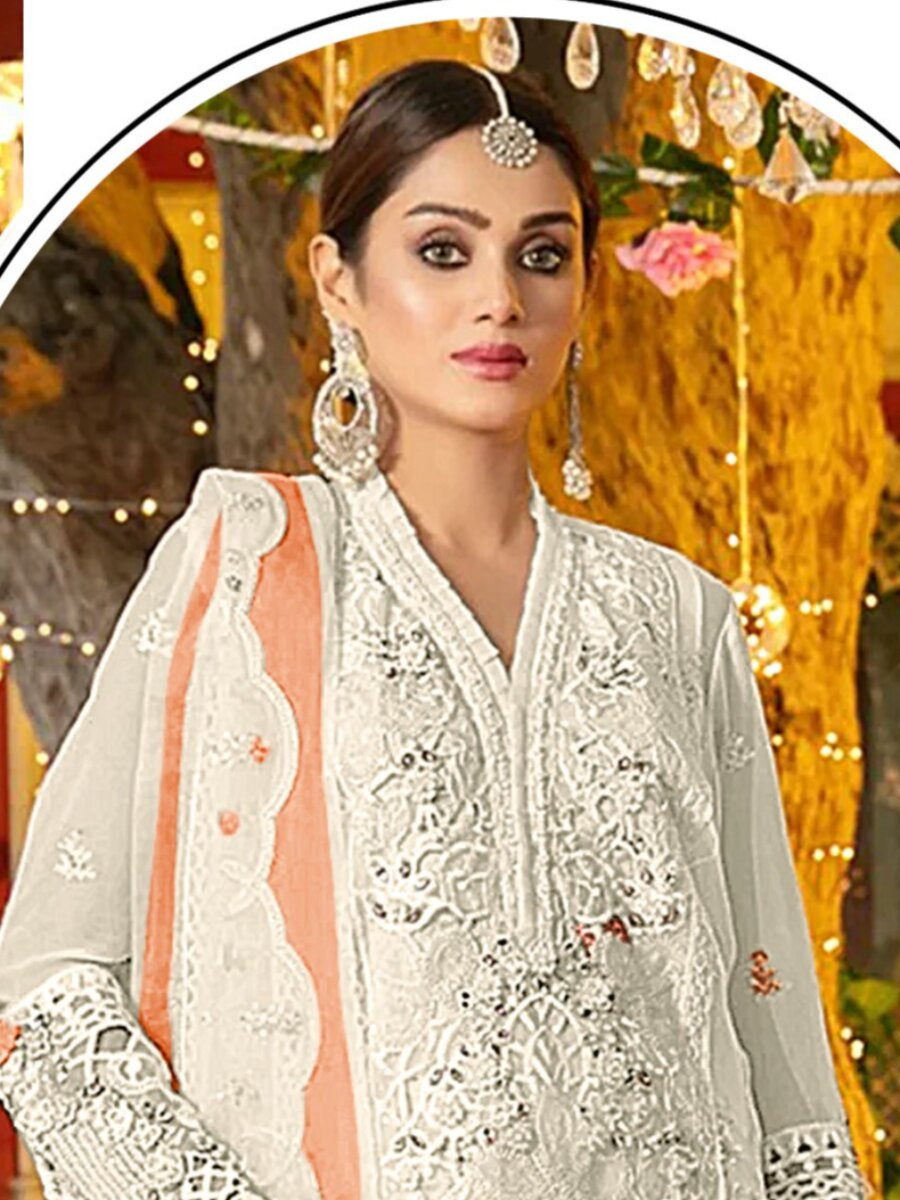 White And Orange Chiffon Embroidery Zari Wedding Party Festival Casual Pant Salwar Kameez