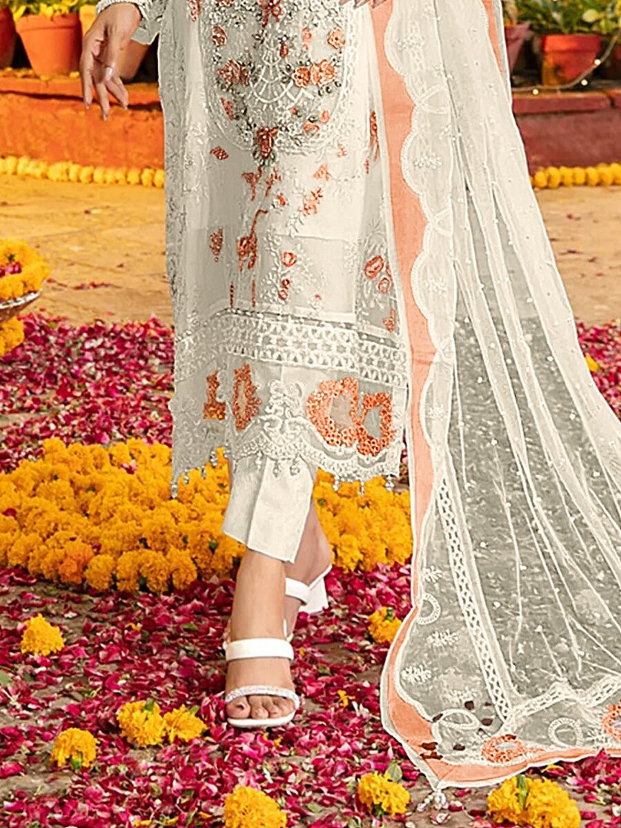 White And Orange Chiffon Embroidery Zari Wedding Party Festival Casual Pant Salwar Kameez