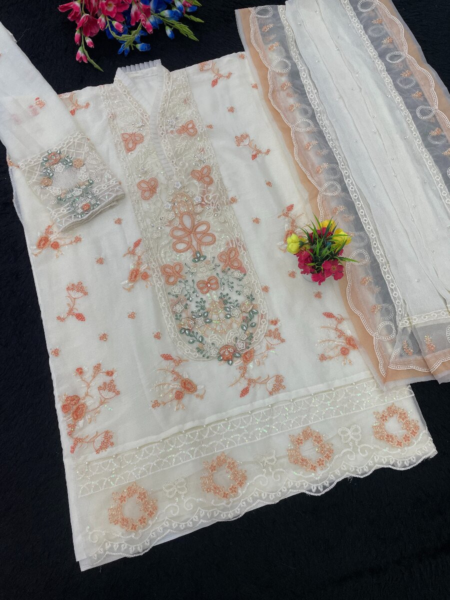 White And Orange Chiffon Embroidery Zari Wedding Party Festival Casual Pant Salwar Kameez