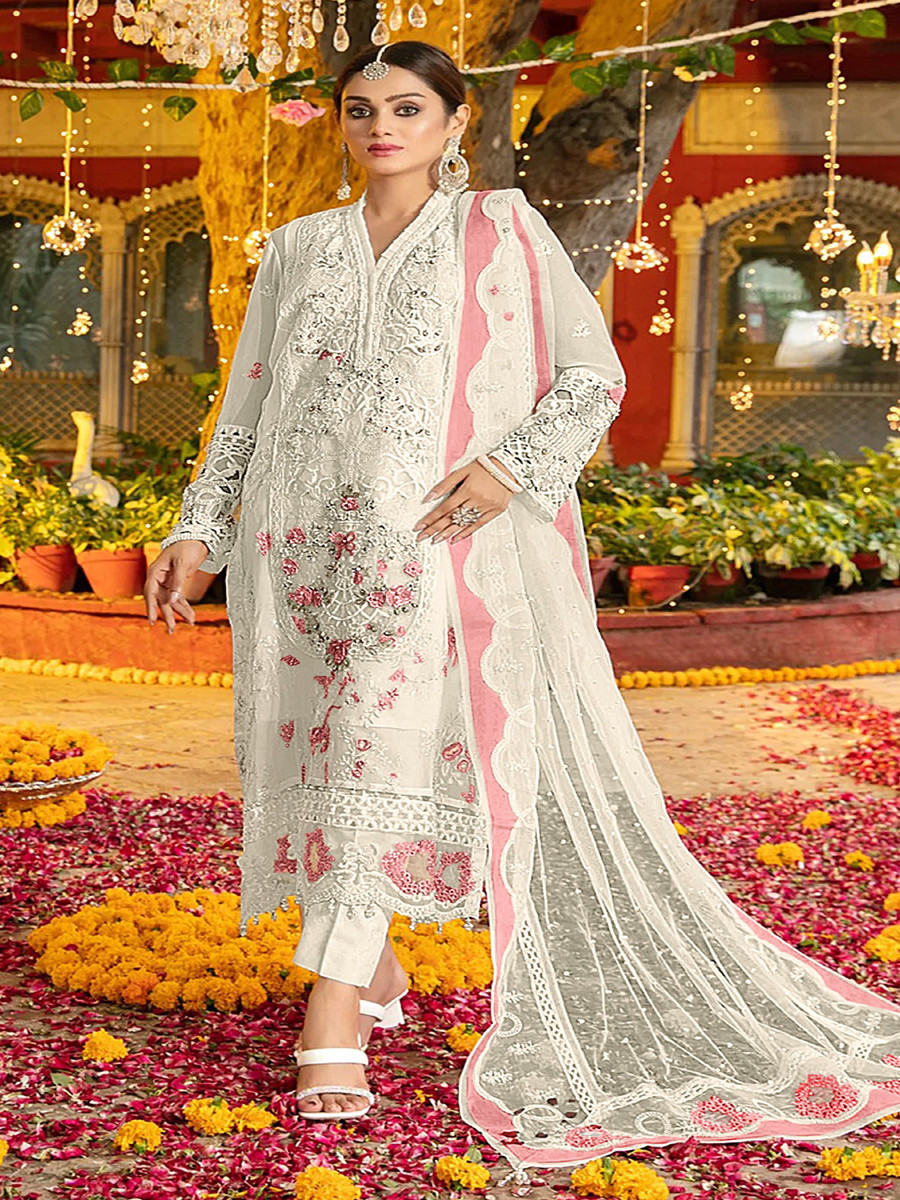 White And Pink Chiffon Embroidery Zari Wedding Party Festival Casual Pant Salwar Kameez