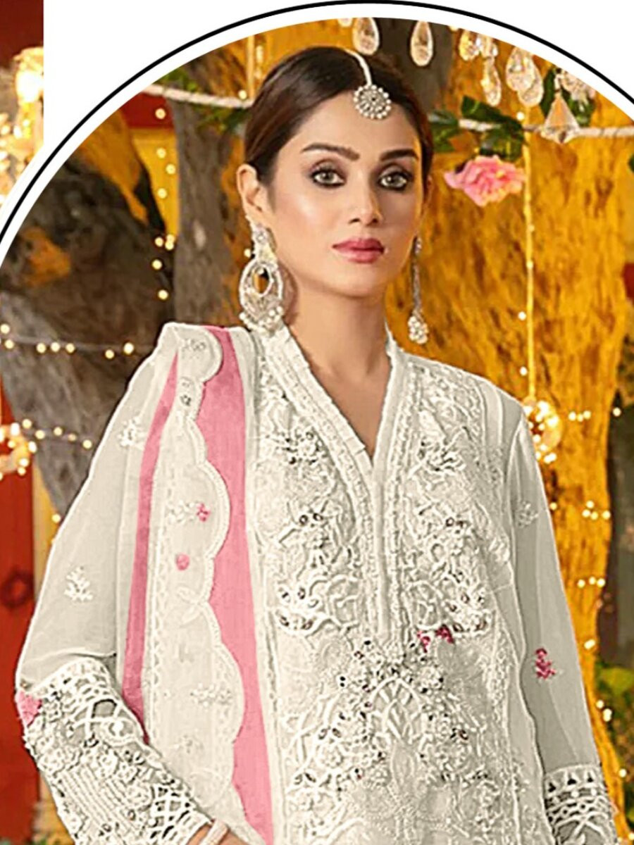 White And Pink Chiffon Embroidery Zari Wedding Party Festival Casual Pant Salwar Kameez