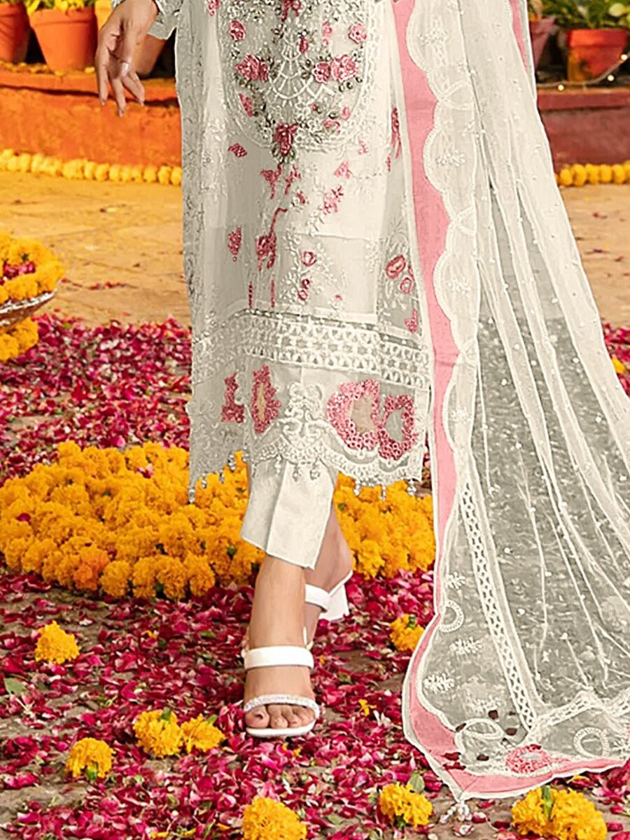 White And Pink Chiffon Embroidery Zari Wedding Party Festival Casual Pant Salwar Kameez