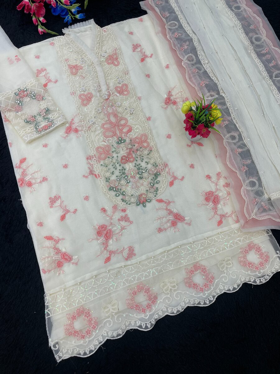 White And Pink Chiffon Embroidery Zari Wedding Party Festival Casual Pant Salwar Kameez