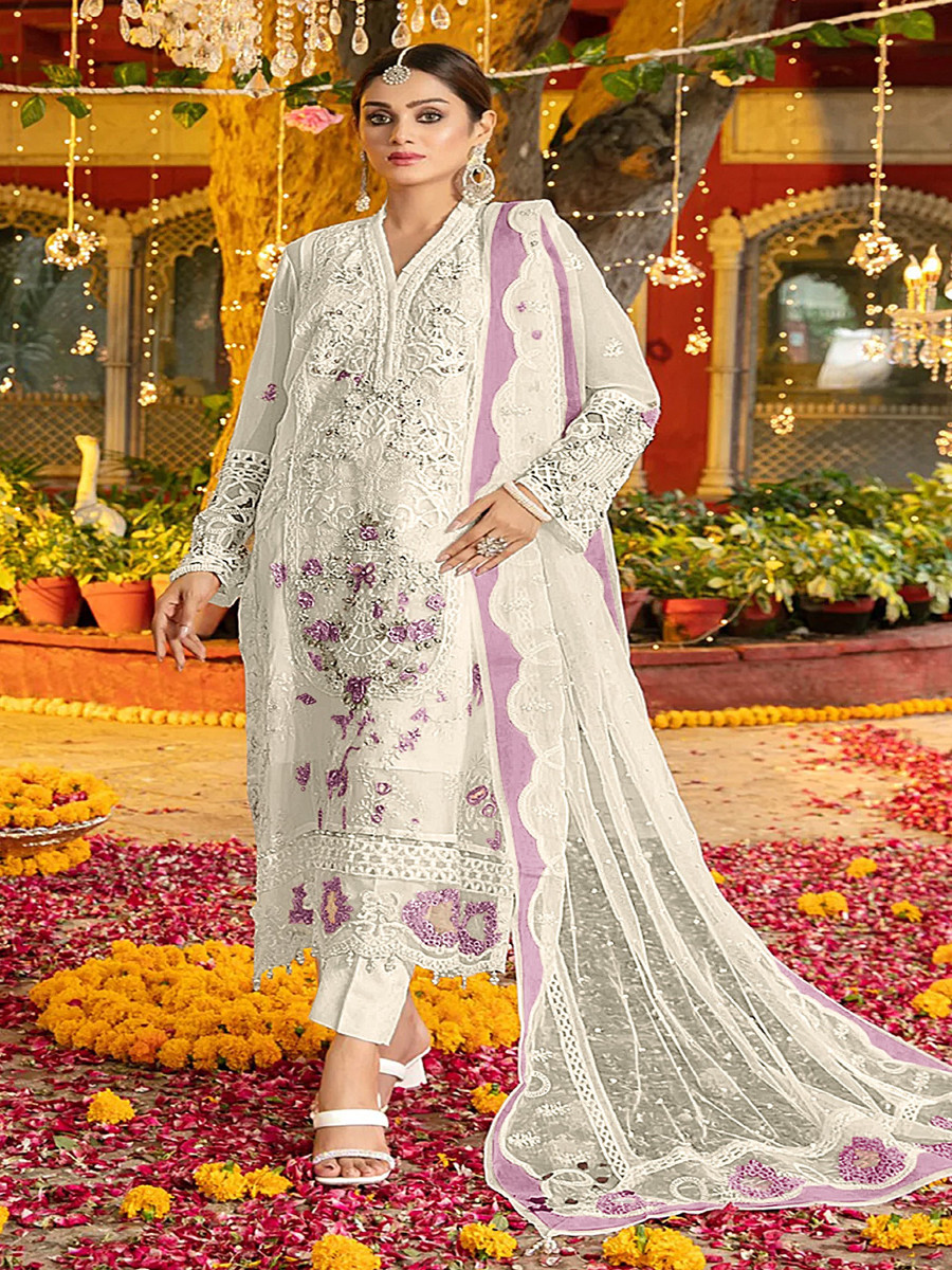 White And Purple Chiffon Embroidery Zari Wedding Party Festival Casual Pant Salwar Kameez