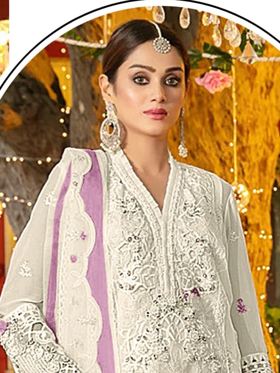 White And Purple Chiffon Embroidery Zari Wedding Party Festival Casual Pant Salwar Kameez