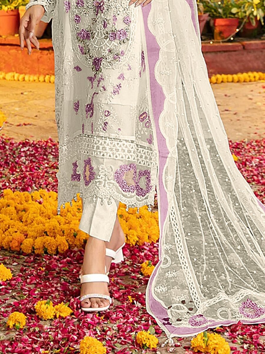 White And Purple Chiffon Embroidery Zari Wedding Party Festival Casual Pant Salwar Kameez