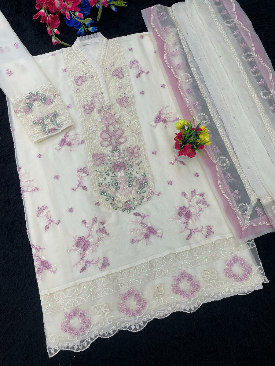 White And Purple Chiffon Embroidery Zari Wedding Party Festival Casual Pant Salwar Kameez