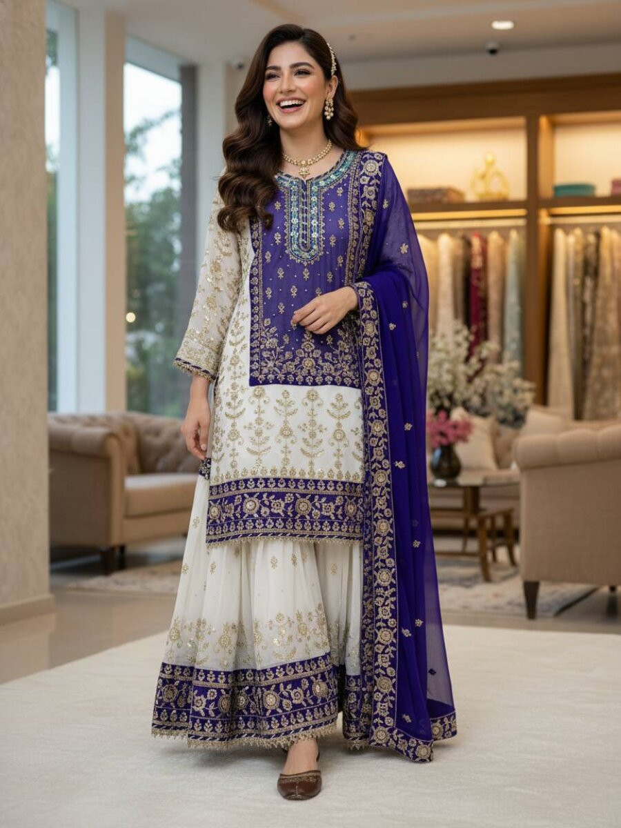 White And Purple Faux Georgette Embroidery Zari Sequins Wedding Party Festival Casual Sharara Pant Salwar Kameez