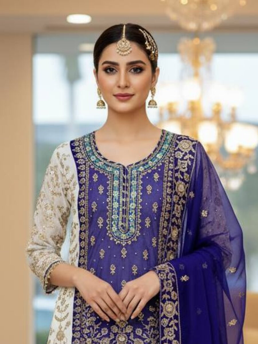 White And Purple Faux Georgette Embroidery Zari Sequins Wedding Party Festival Casual Sharara Pant Salwar Kameez