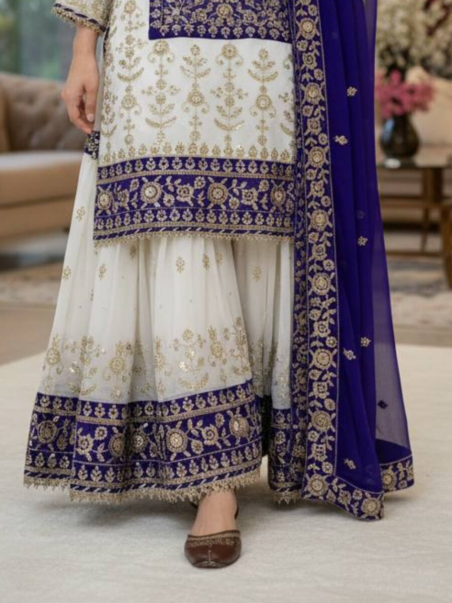 White And Purple Faux Georgette Embroidery Zari Sequins Wedding Party Festival Casual Sharara Pant Salwar Kameez