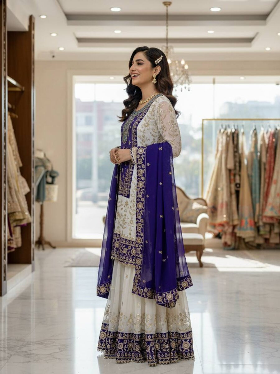 White And Purple Faux Georgette Embroidery Zari Sequins Wedding Party Festival Casual Sharara Pant Salwar Kameez