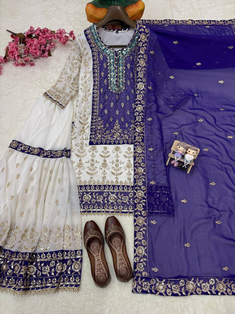 White And Purple Faux Georgette Embroidery Zari Sequins Wedding Party Festival Casual Sharara Pant Salwar Kameez