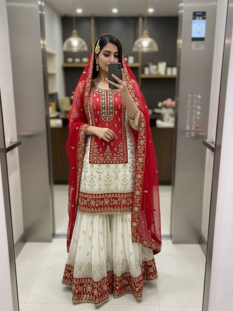White And Red Faux Georgette Embroidery Zari Sequins Wedding Party Festival Casual Sharara Pant Salwar Kameez
