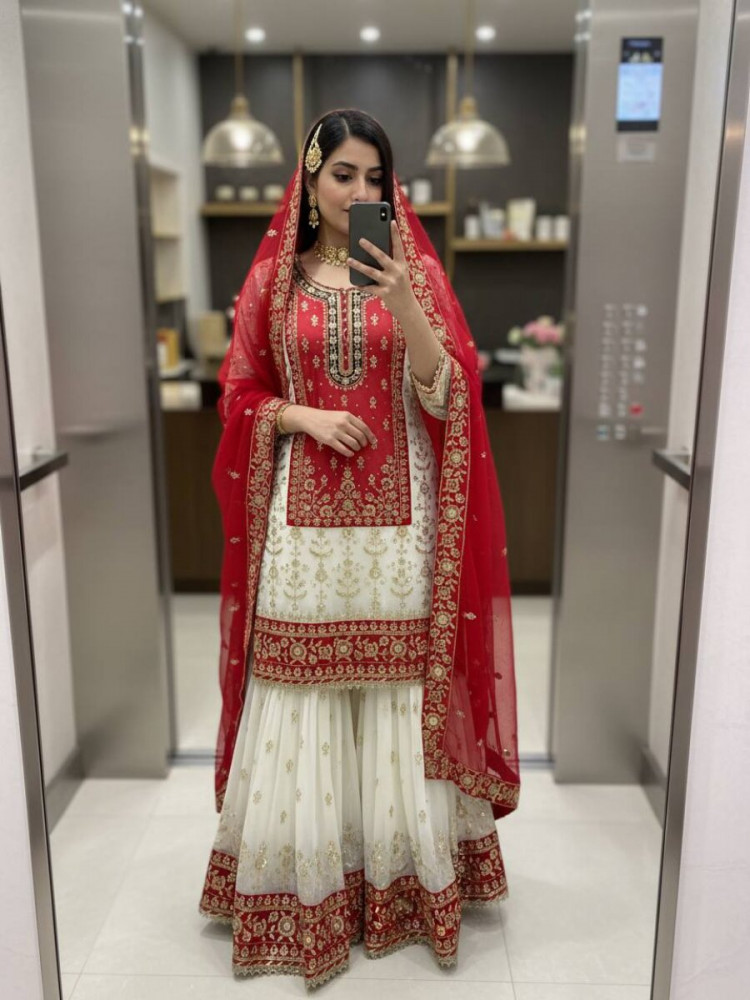 Image of White And Red Faux Georgette Embroidery Zari Sequins Wedding Party Festival Casual Sharara Pant Salwar Kameez