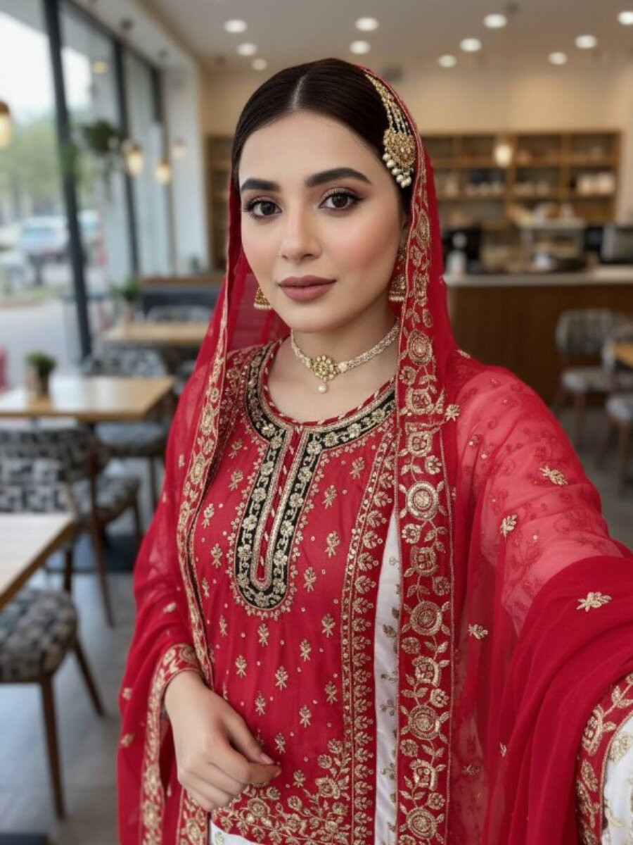 White And Red Faux Georgette Embroidery Zari Sequins Wedding Party Festival Casual Sharara Pant Salwar Kameez
