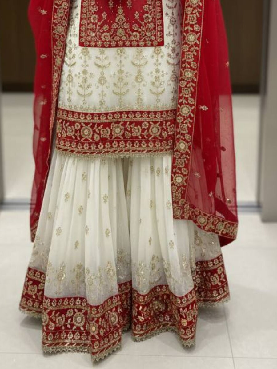 White And Red Faux Georgette Embroidery Zari Sequins Wedding Party Festival Casual Sharara Pant Salwar Kameez