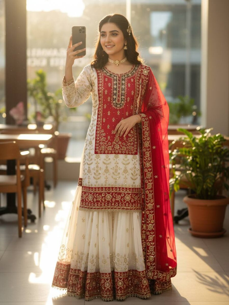 White And Red Faux Georgette Embroidery Zari Sequins Wedding Party Festival Casual Sharara Pant Salwar Kameez