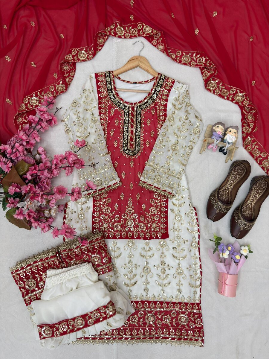 White And Red Faux Georgette Embroidery Zari Sequins Wedding Party Festival Casual Sharara Pant Salwar Kameez