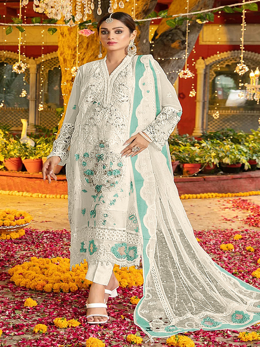 White And Sky Chiffon Embroidery Zari Wedding Party Festival Casual Pant Salwar Kameez