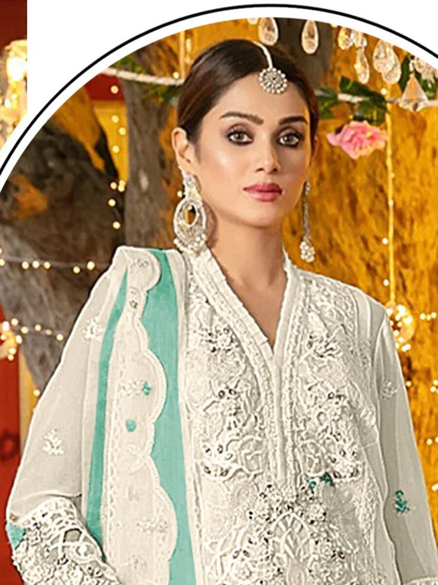 White And Sky Chiffon Embroidery Zari Wedding Party Festival Casual Pant Salwar Kameez