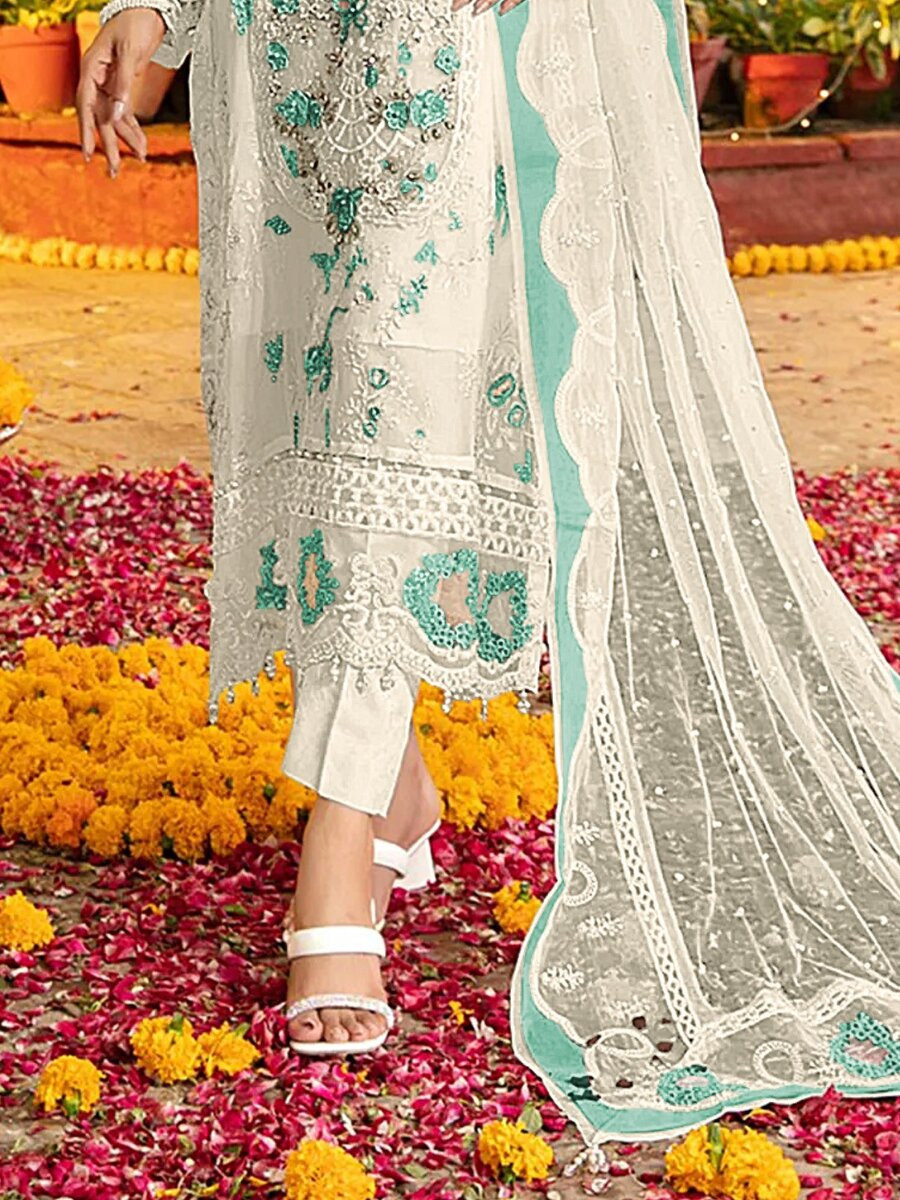White And Sky Chiffon Embroidery Zari Wedding Party Festival Casual Pant Salwar Kameez