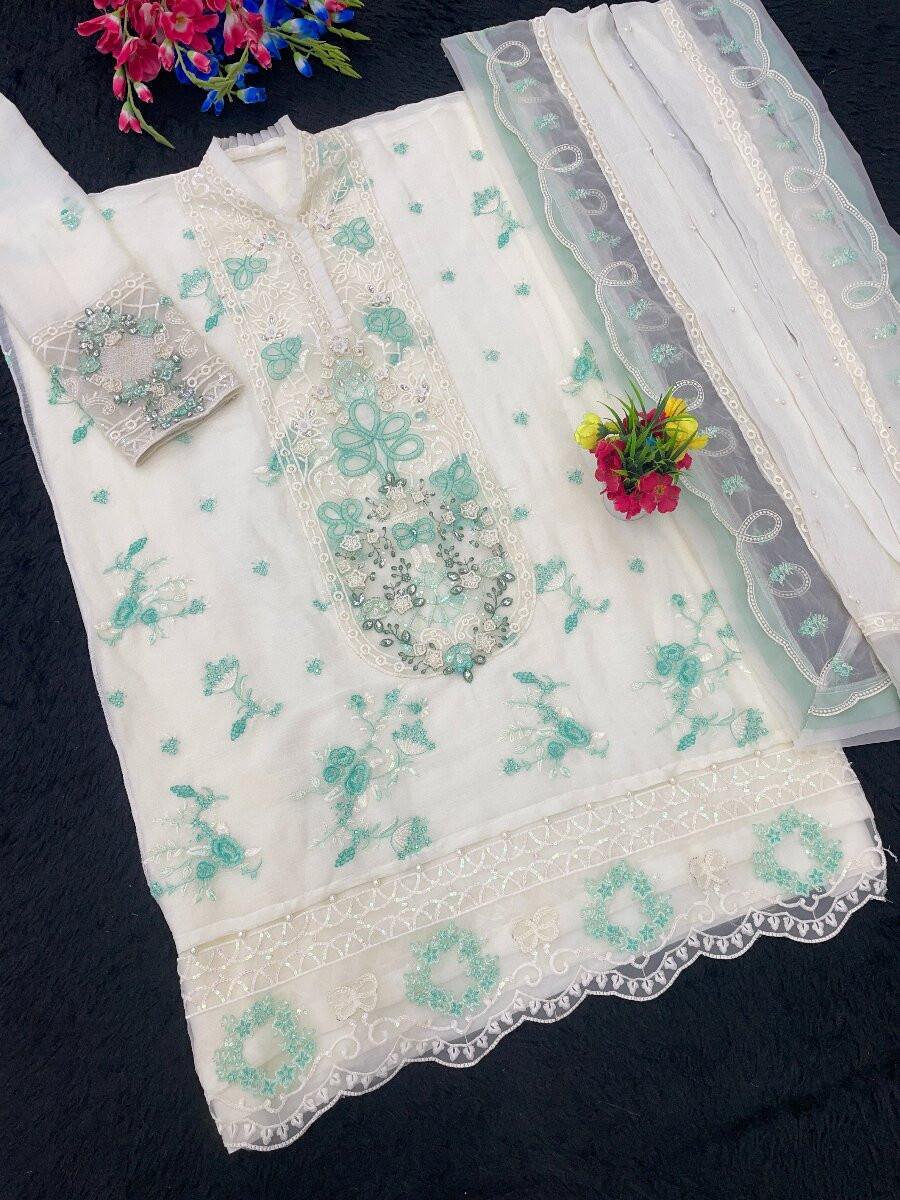 White And Sky Chiffon Embroidery Zari Wedding Party Festival Casual Pant Salwar Kameez