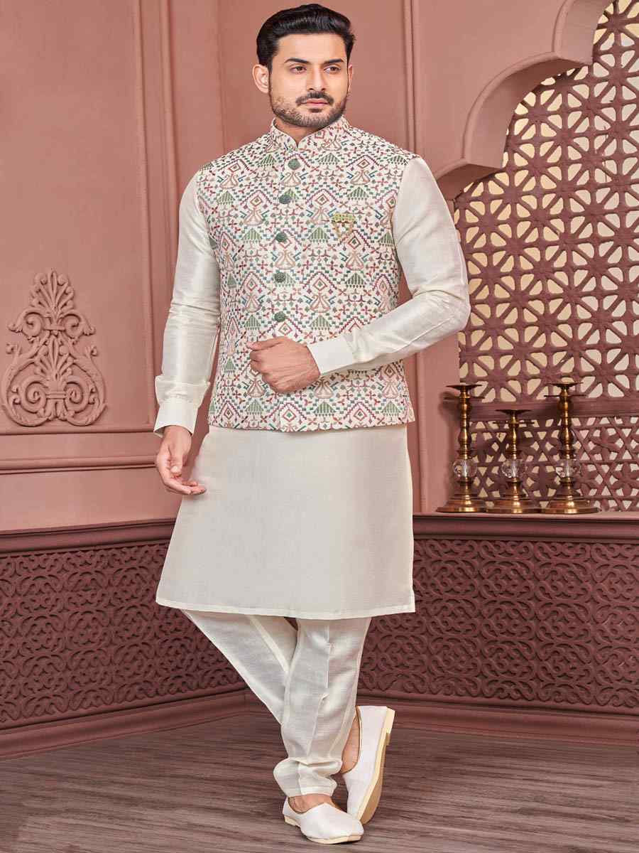 White Art Banarasi Silk Woven Festival Wedding Kurta