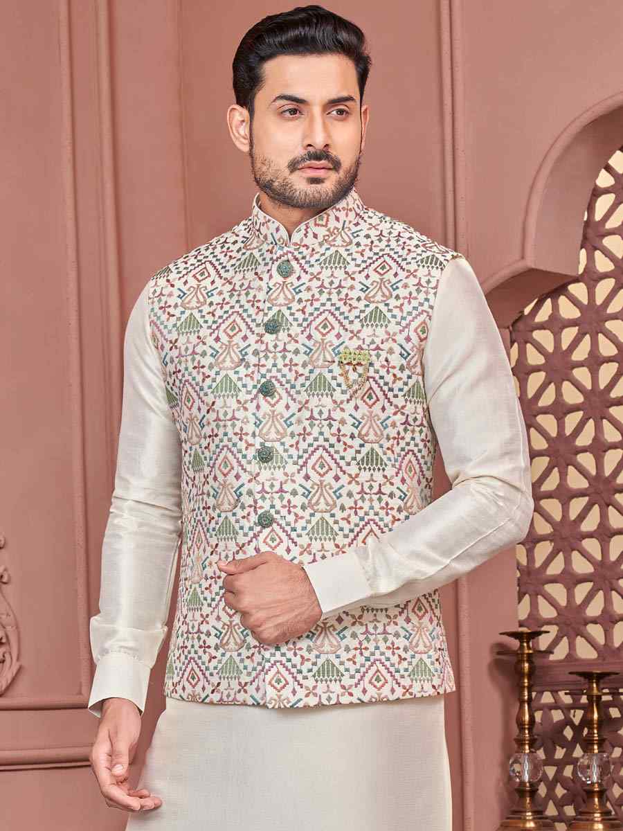 White Art Banarasi Silk Woven Festival Wedding Kurta