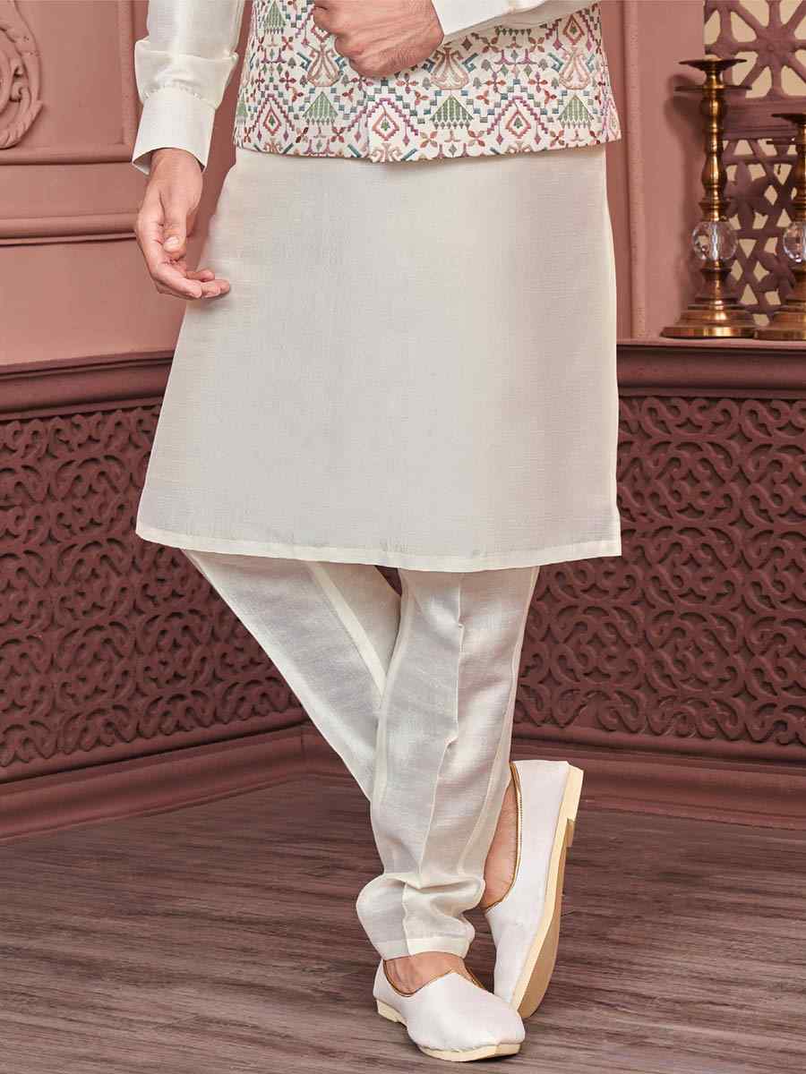 White Art Banarasi Silk Woven Festival Wedding Kurta