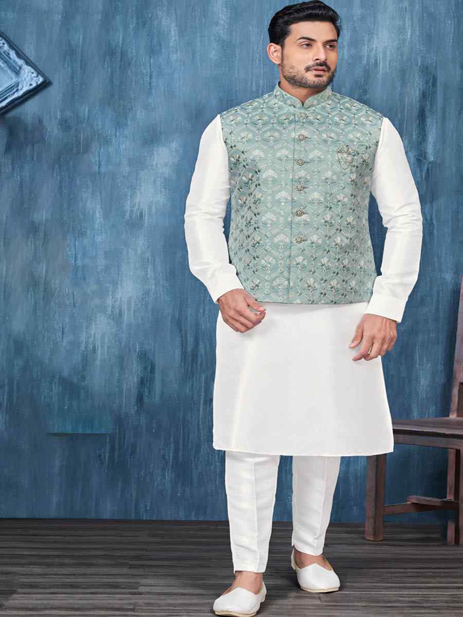 White Art Banarasi Silk Woven Festival Wedding Kurta