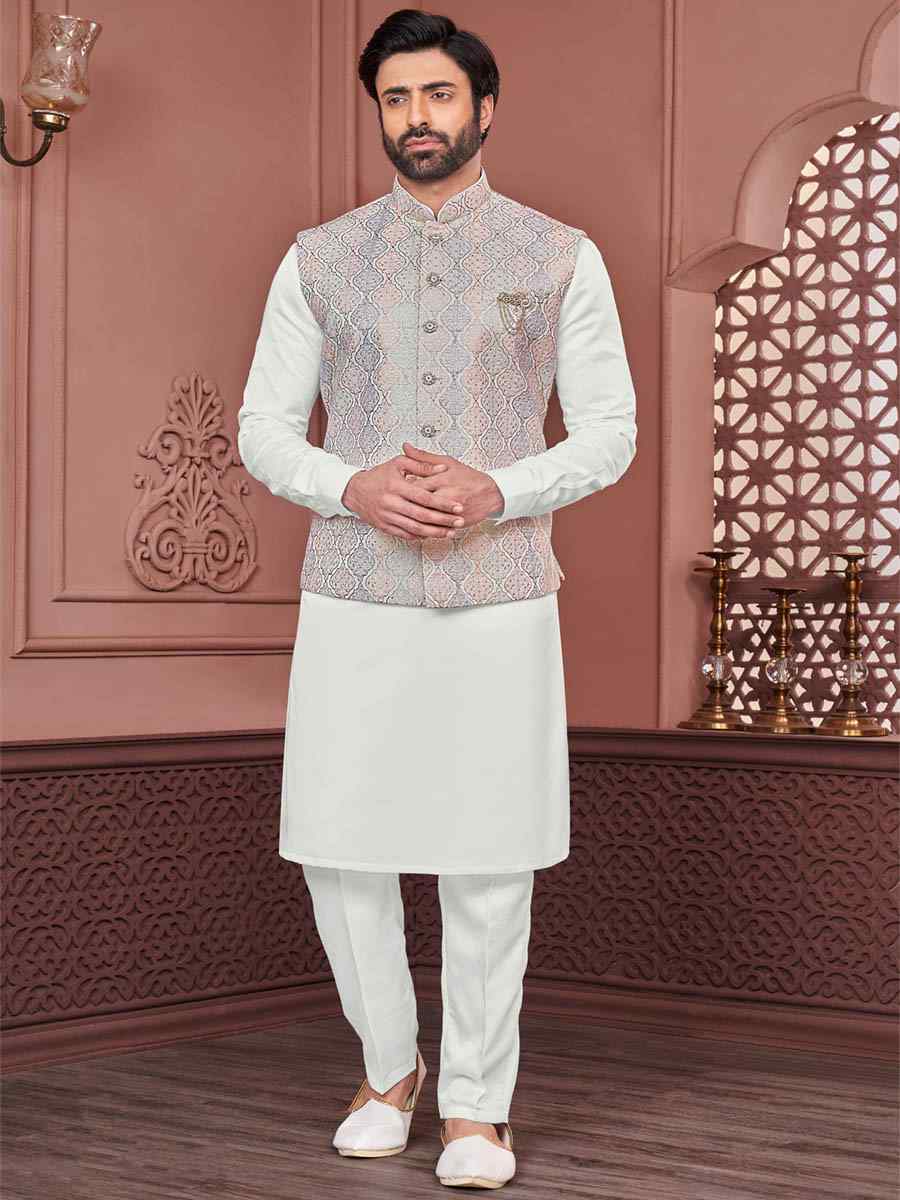 White Art Banarasi Silk Woven Festival Wedding Kurta