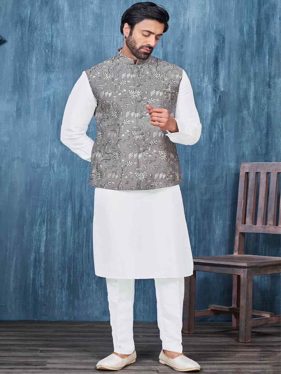 White Art Banarasi Silk Woven Festival Wedding Kurta
