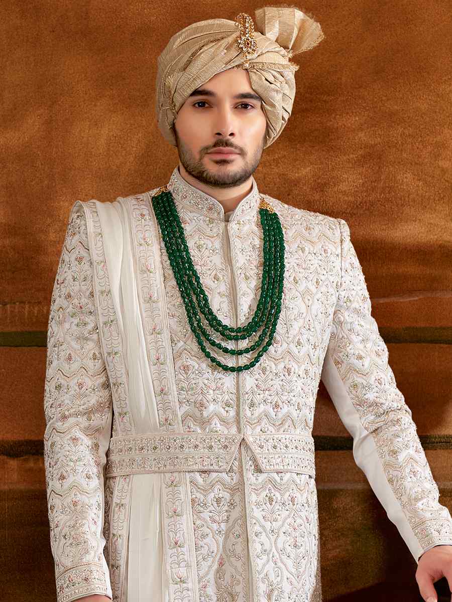 White Art Silk Embroidered Wedding Groom Sherwani