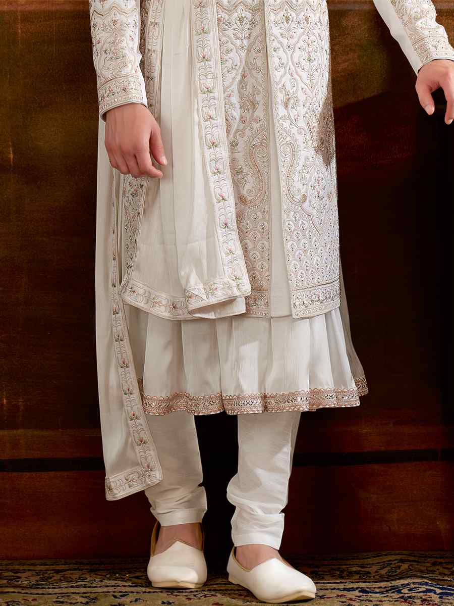 White Art Silk Embroidered Wedding Groom Sherwani