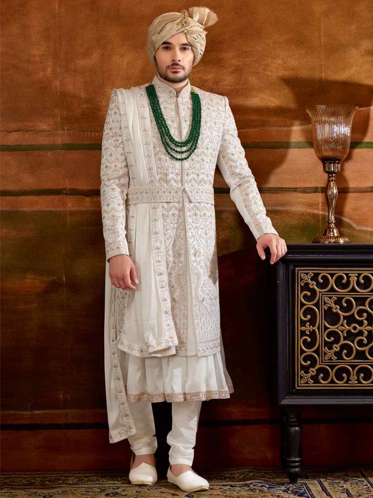 White Art Silk Embroidered Wedding Groom Sherwani