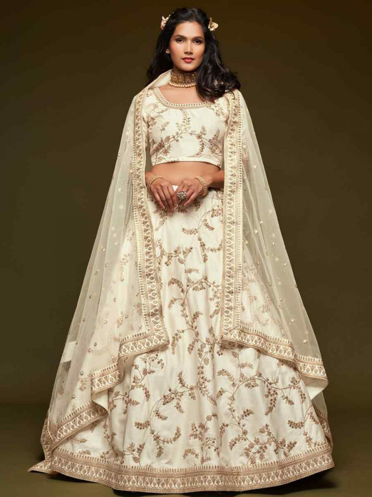 Image of White Art Silk Embroidered Wedding Reception Festival Heavy Border Lehenga Choli