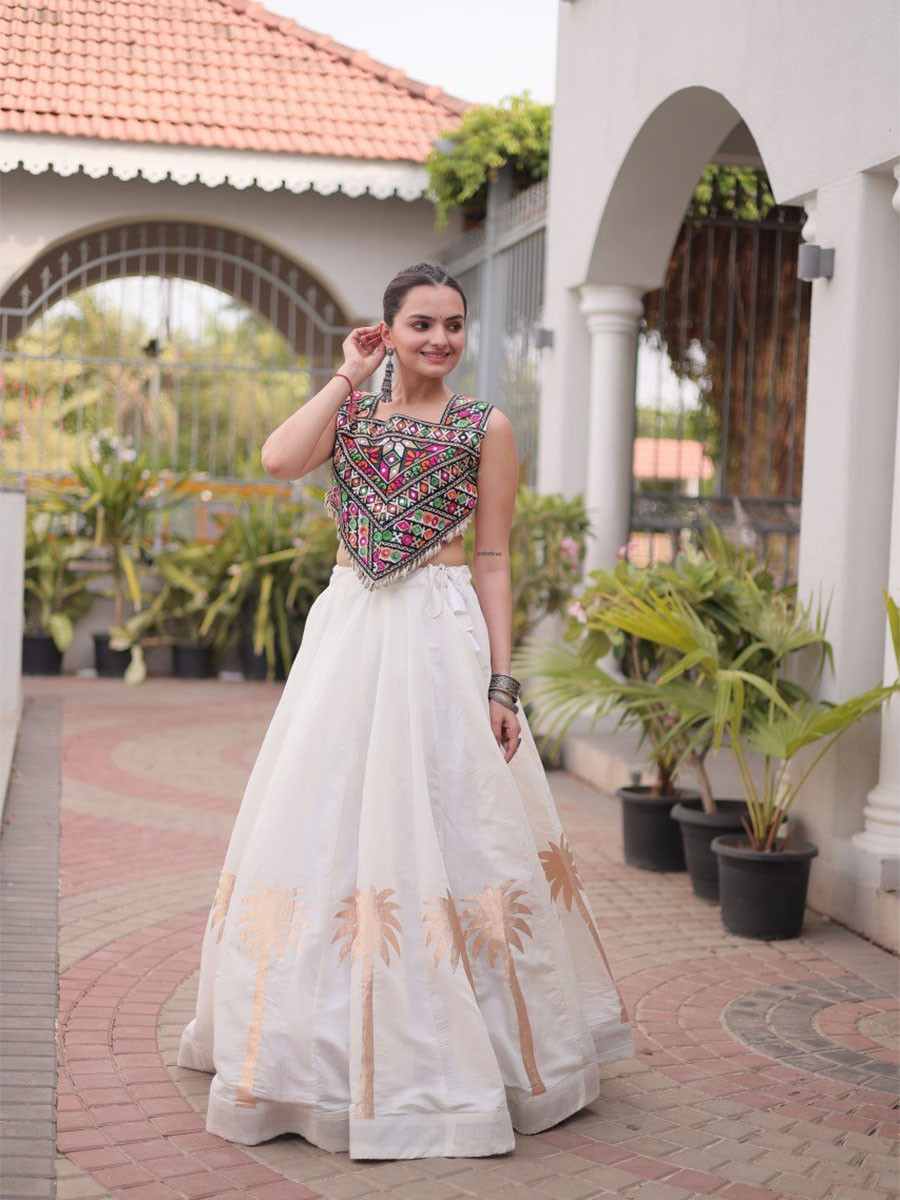 White Art Silk Embroidery Wedding Reception Festival Party Wear Circular Lehenga Choli