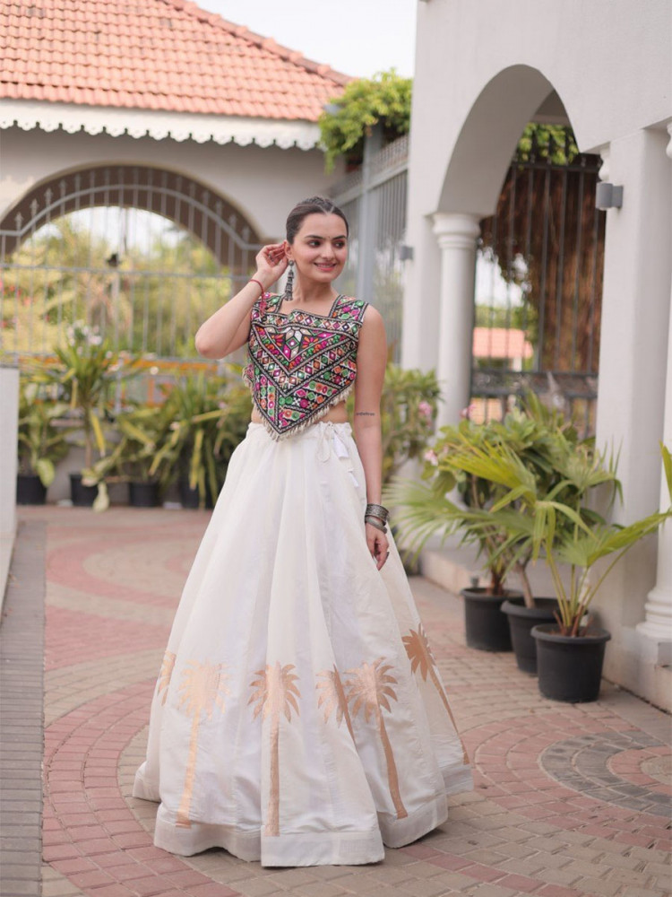 Image of White Art Silk Embroidery Wedding Reception Festival Party Wear Circular Lehenga Choli