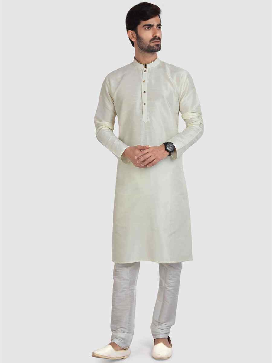 White Art Silk Plain Festival Kurta